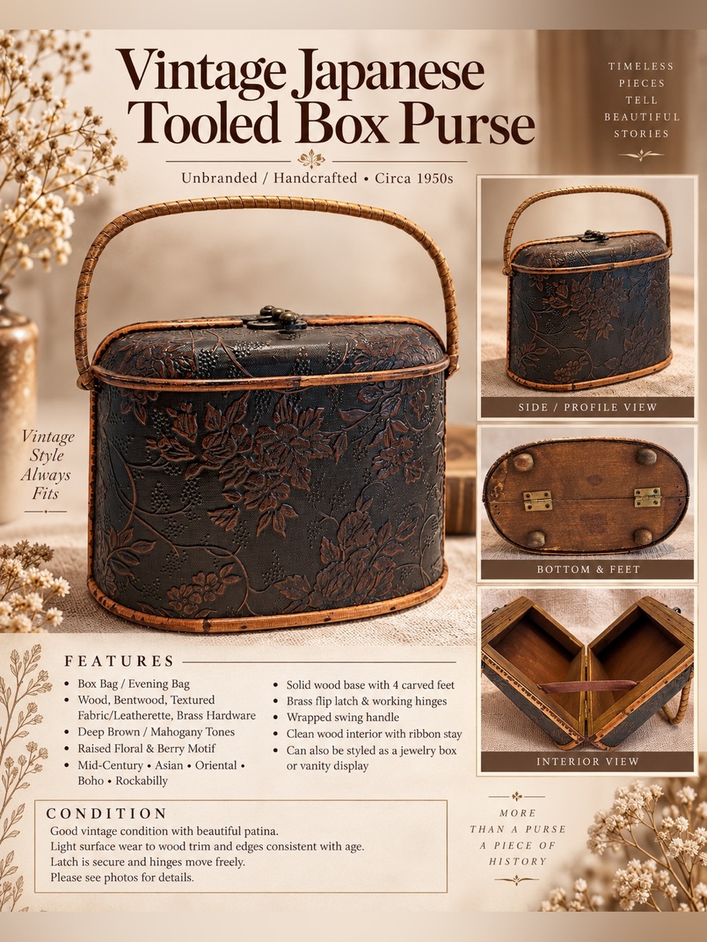 Vintage 1950s Japanese Tooled Box Purse • Handcrafted Bentwood Evening Bag